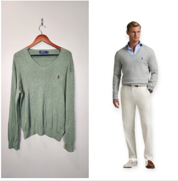 Ralph Lauren Pima Cotton Green V-Neck Sweater Size Large‎ - Picture 1 of 11